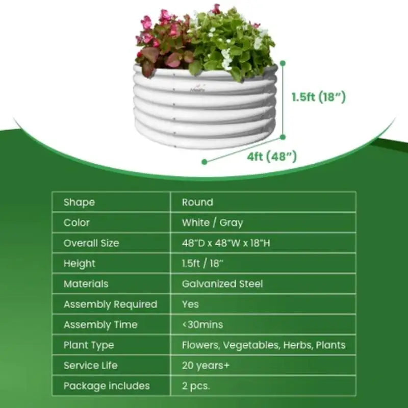 Set of 6: 48"x48"x18" Round Metal Raised Garden Beds - White Durable Planters for Vegetables & Flowers, Easy to Assemble