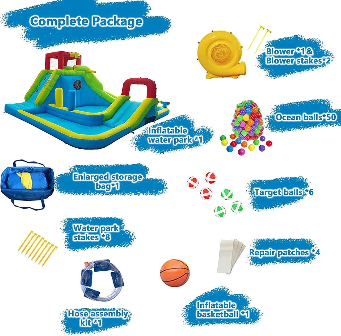 Water Slide Park, Large Kids Water Castle Fun Bouncy House with Dual Pools and Slides, Climbing Wall, Basketball and