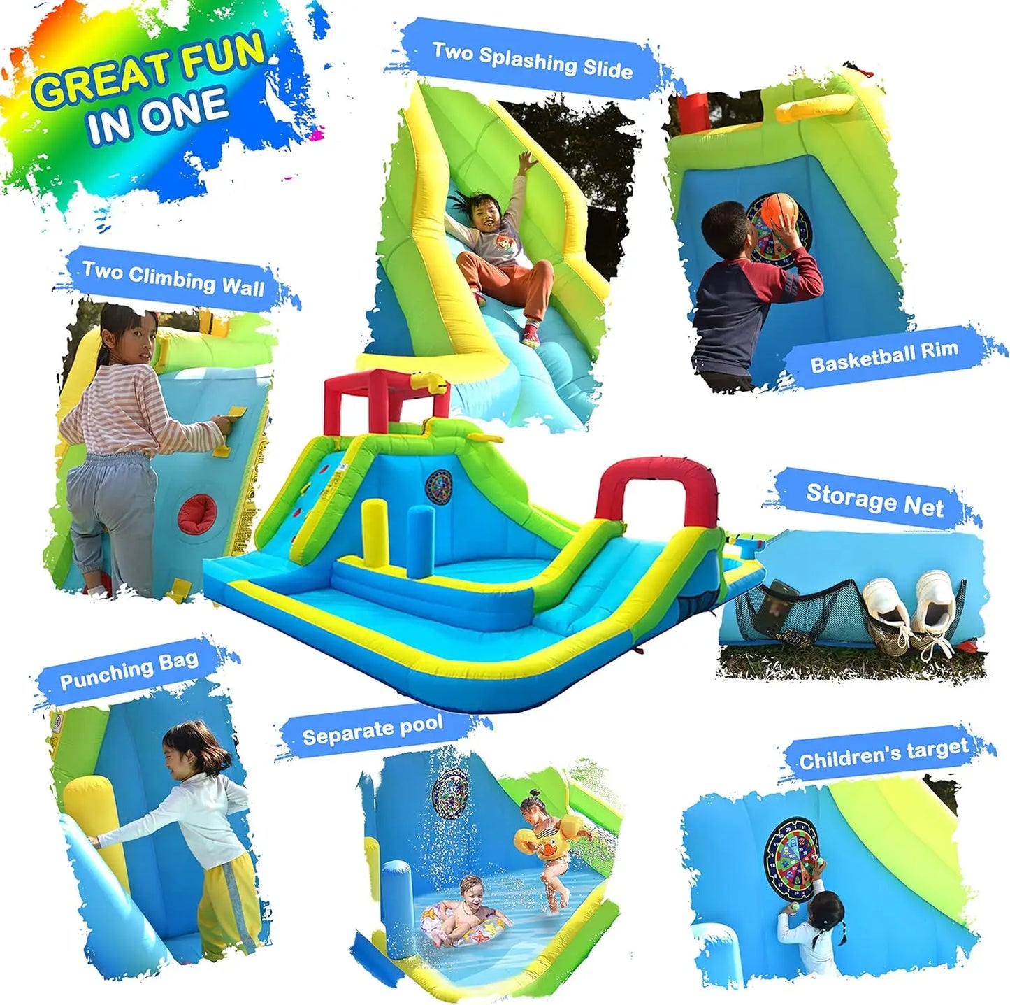 Water Slide Park, Large Kids Water Castle Fun Bouncy House with Dual Pools and Slides, Climbing Wall, Basketball and
