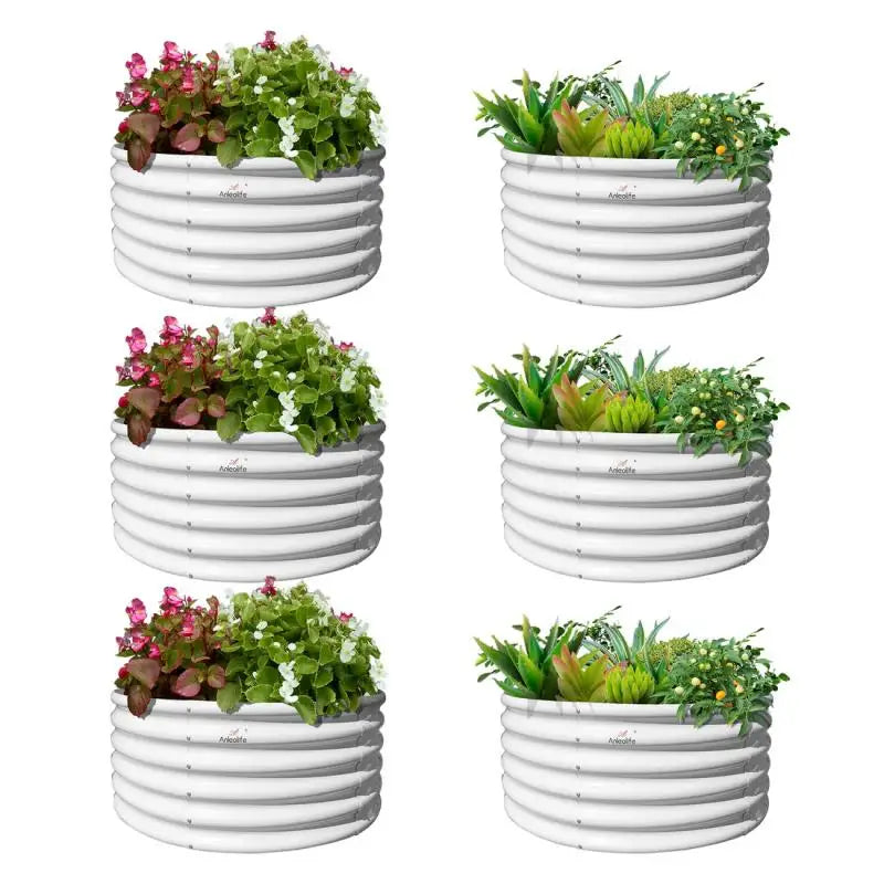 Set of 6: 48"x48"x18" Round Metal Raised Garden Beds - White Durable Planters for Vegetables & Flowers, Easy to Assemble