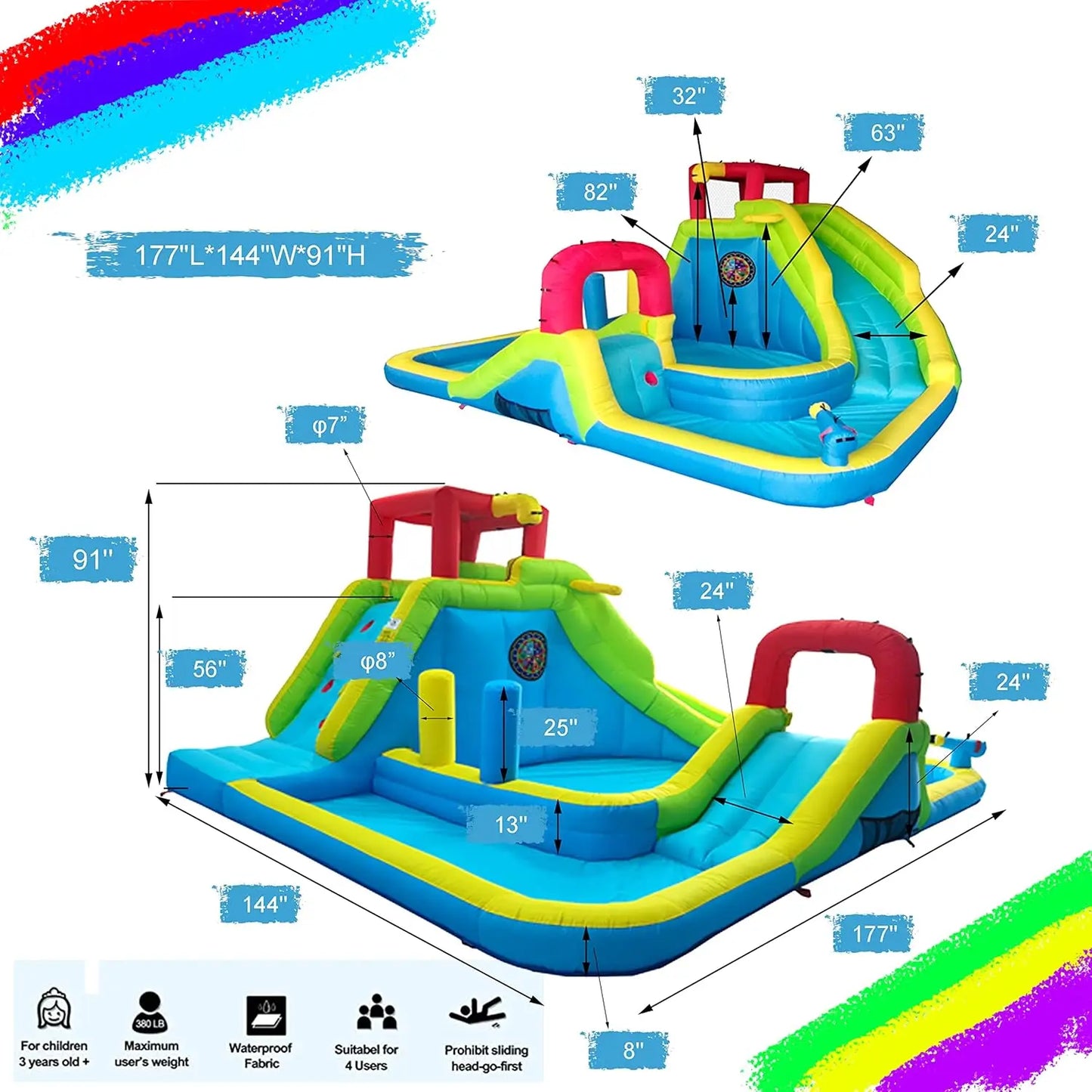 Water Slide Park, Large Kids Water Castle Fun Bouncy House with Dual Pools and Slides, Climbing Wall, Basketball and