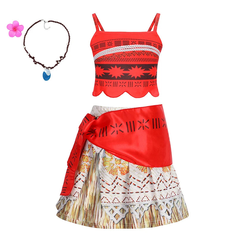 Disney Moana Dresses Girls Cosplay Costume Girl Princess Summer Casual Fancy Clothes Children Vaiana Princess Dress Necklace Wig