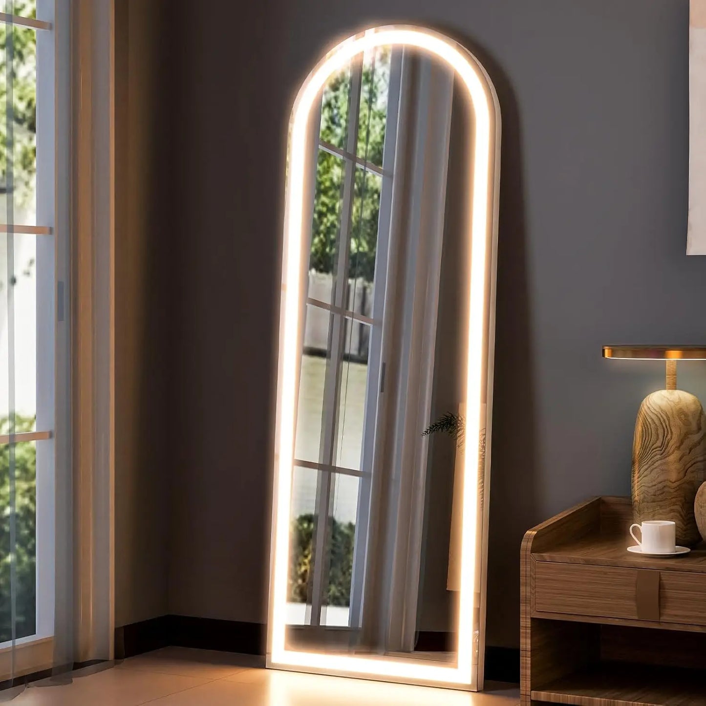 Arched LED Full Length Mirror 64" x 21" Full Body Mirror with Stand Wall Mounted Hanging Mirror with Lights Free