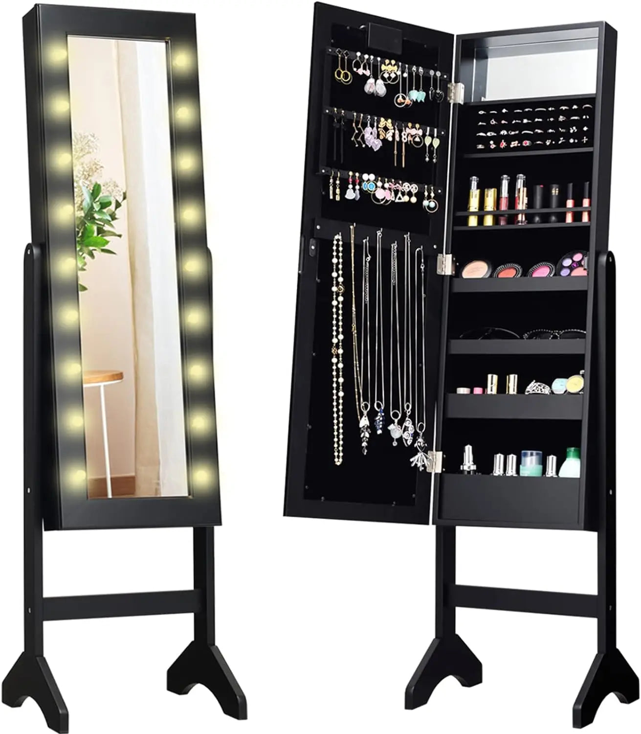 Standing Jewelry Armoire with 18 LED Lights Around The Door, with Full Length Mirror, 16 Lipstick Holders,1 Inside Makeup Mirror