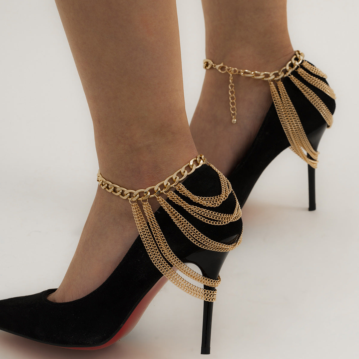 Temperament multi-layer fringed hip-hop anklet female exaggerated personality geometric metal chain shoe chain