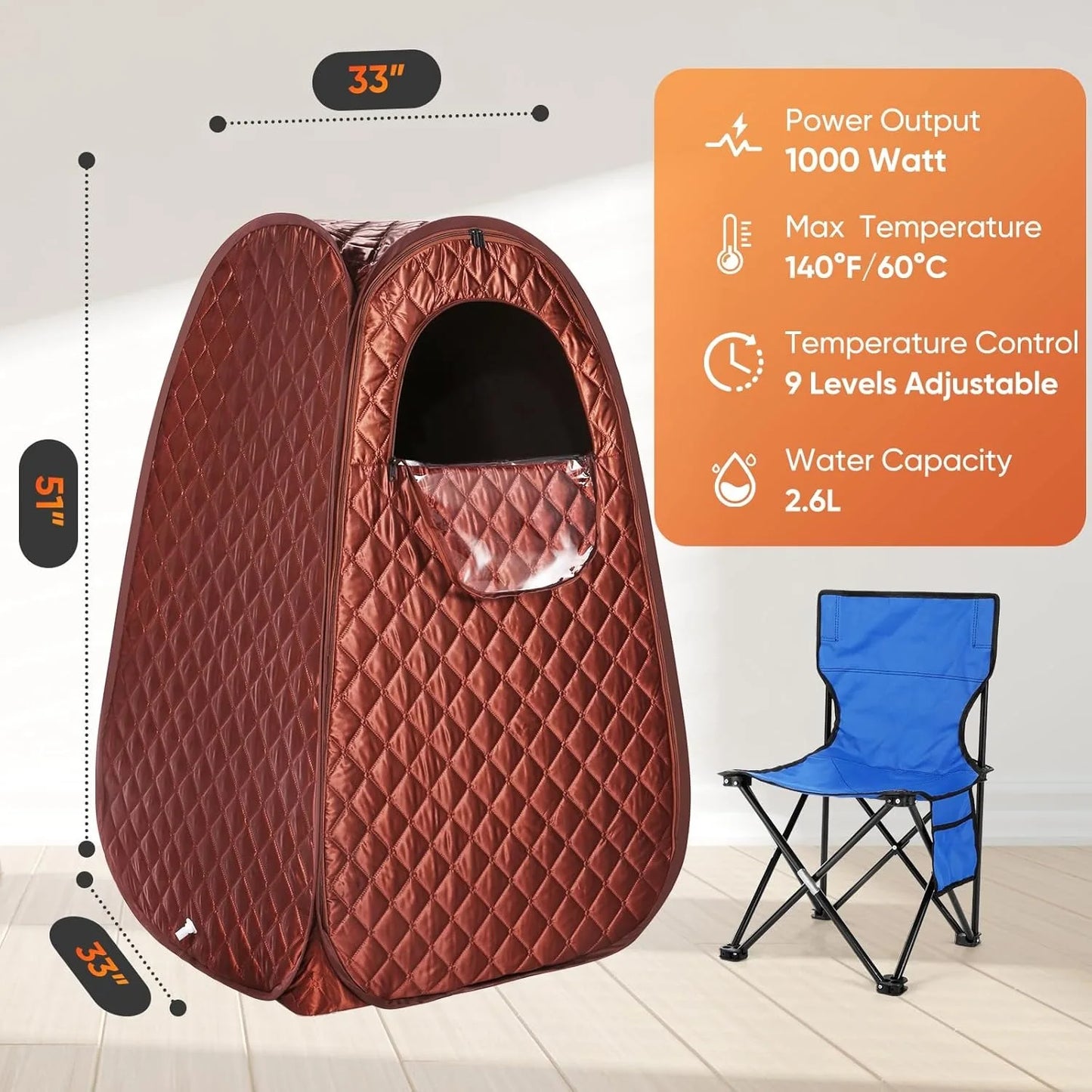 Home spa, sauna tent, steam engine 2.6 litre 1000W steam generator, 90 minute timer, chair, including remote control