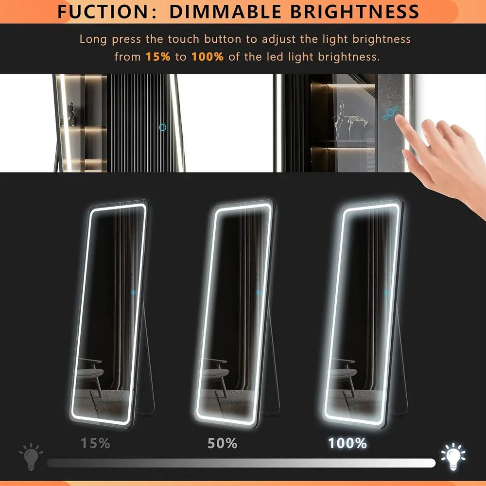 Full Length Mirror with LED Lights, Full Body Mirrors, Free Standing Floor Mirror, Wall Mounted Lighted Mirrors