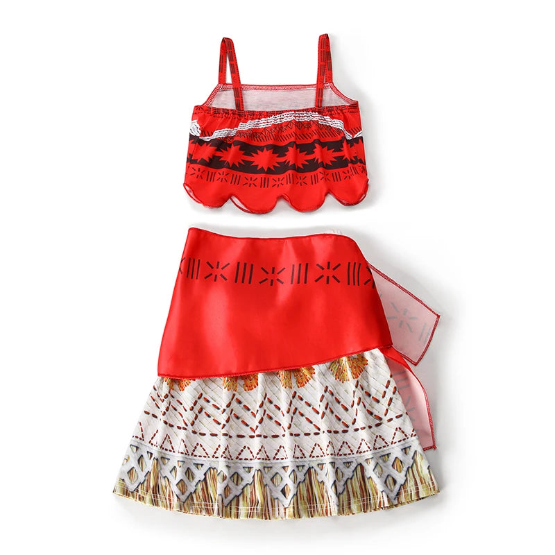 Disney Moana Dresses Girls Cosplay Costume Girl Princess Summer Casual Fancy Clothes Children Vaiana Princess Dress Necklace Wig