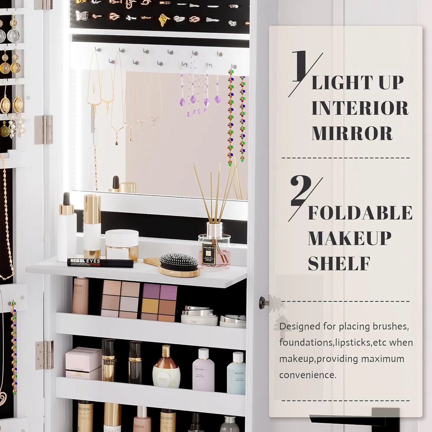 47.2" LED Jewelry Mirror Cabinet, Wall/Door Mounted Jewelry Armoire Organizer with Full Length Mirror, Large Storage Hang