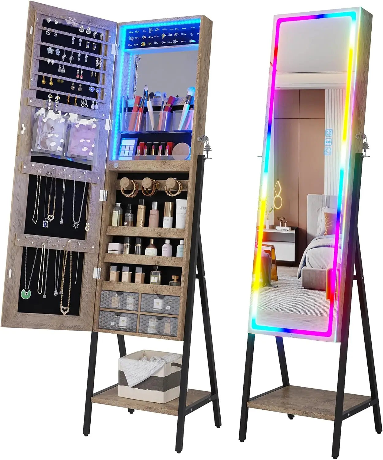 RGB LED Mirror Jewelry Cabinet,Standing Jewelry Armoire Organizer Full Length Mirror with Storage, Lockable Jewelry Mirror