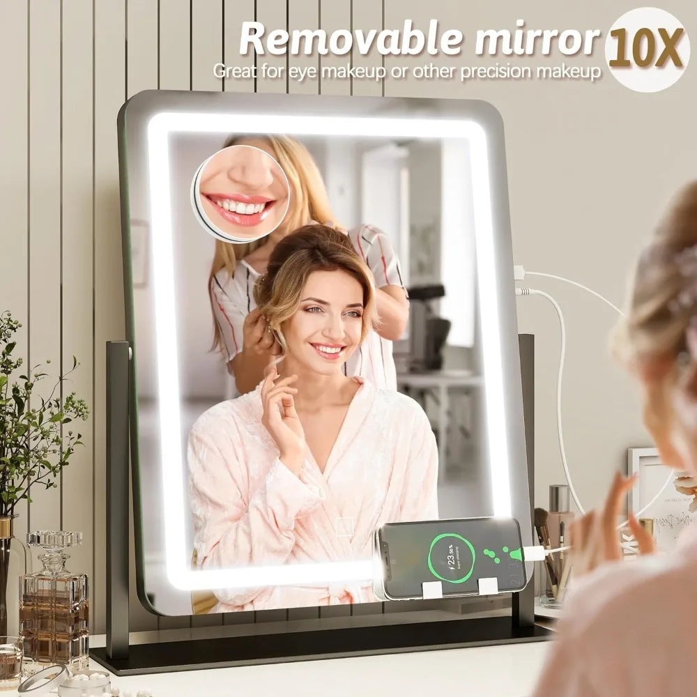 32"x24" Hollywood Vanity Mirror with Lights, 18 Dimmable LED Bulbs, 3 Color Modes, 10X Magnification, USB Charging Port