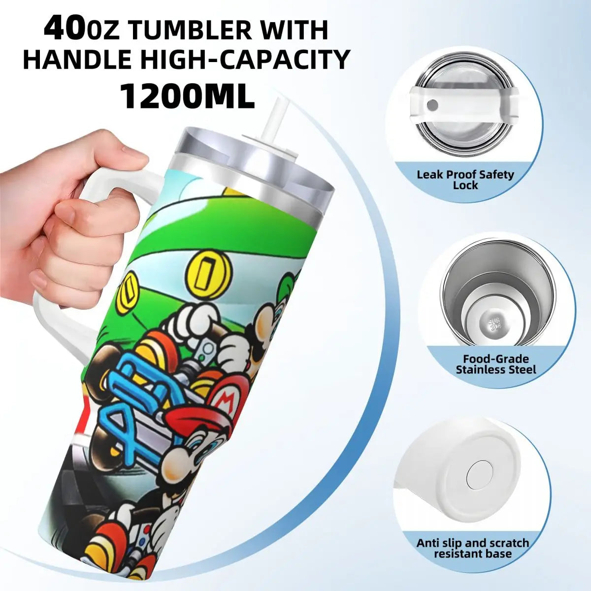 Stainless Steel Tumbler Super Mario Kart Mugs Cup With Straws Camping Cold Hot Water Bottle Heat Preservation 40oz Thermal Cups