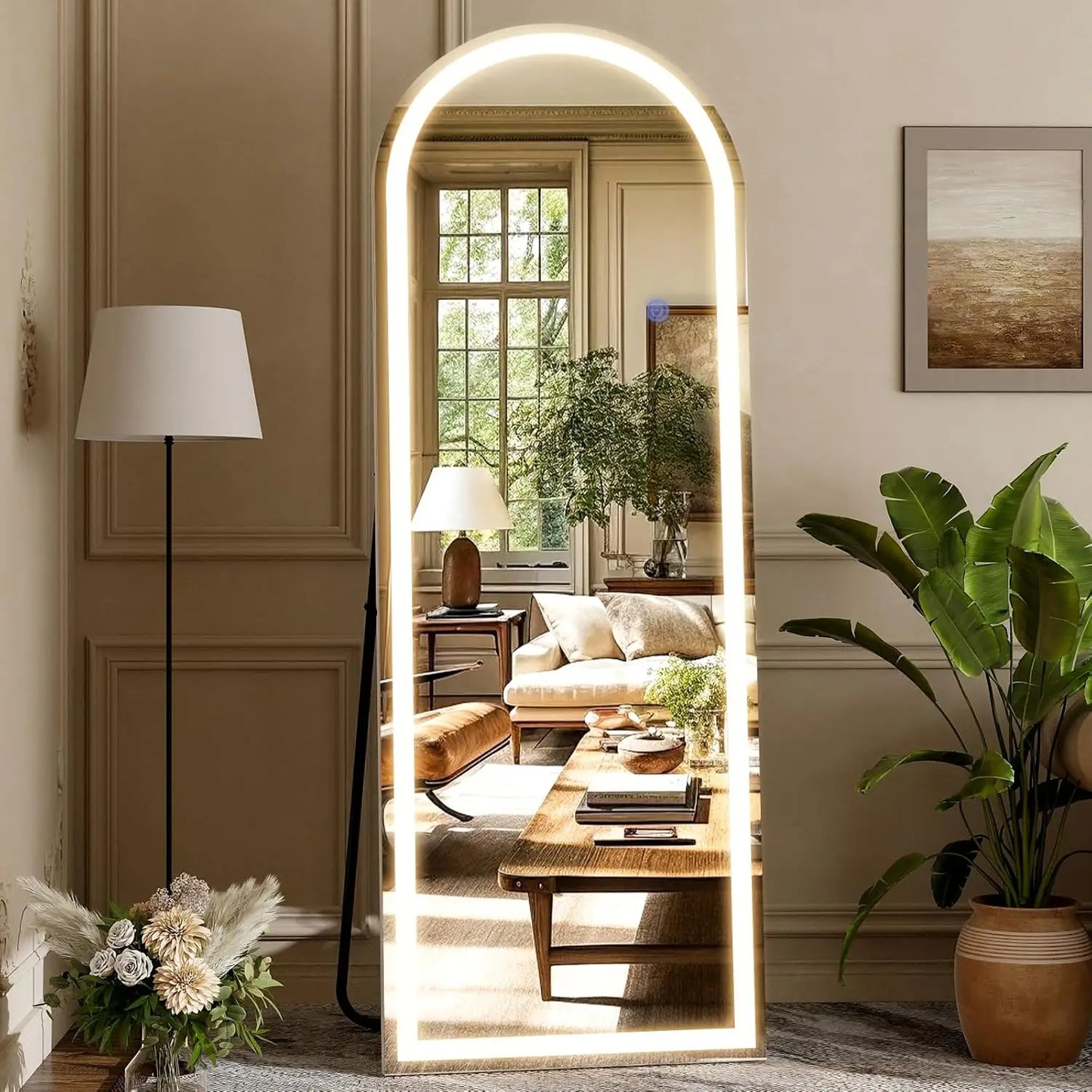 Arched LED Full Length Mirror 64" x 21" Full Body Mirror with Stand Wall Mounted Hanging Mirror with Lights Free