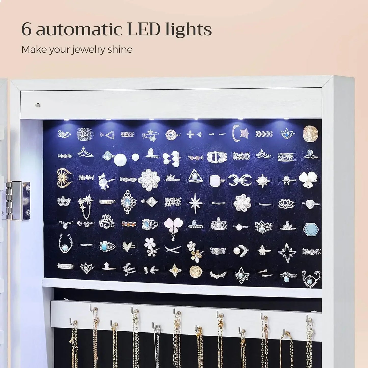 LEDs Mirror Jewelry Cabinet, 47.2-Inch Tall Lockable Wall or Door Mounted Jewelry Armoire Organizer with Mirror, 2 Drawers, Chri