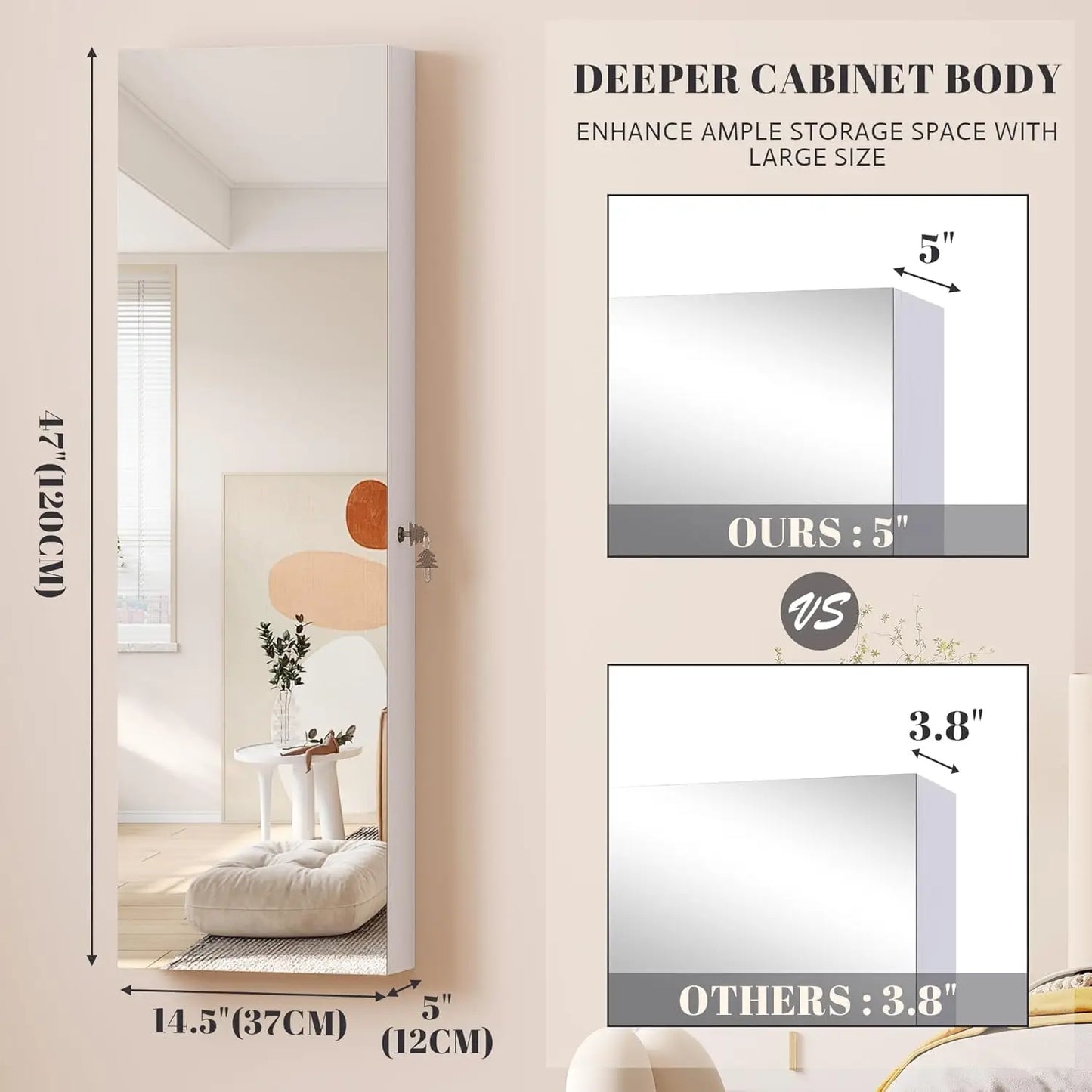 47.2" LED Jewelry Mirror Cabinet, Wall/Door Mounted Jewelry Armoire Organizer with Full Length Mirror, Large Storage Hang