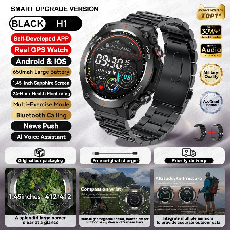 2024 New Outdoor Military GPS Smart Watch Men AMOLED HD Screen Heart Rate Blood Pressure Bluetooth Call Waterproof Smartwatches