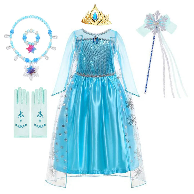 Disney Girls Elsa Princess Dress for Long Sleeve Kids Birthday Cosplay Frozen Costume Fancy 2024 Carnival Dress Up Party Costume