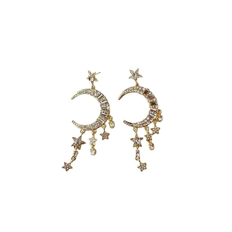 Electroplated Zircon Inlaid Moon Star Earrings for Women