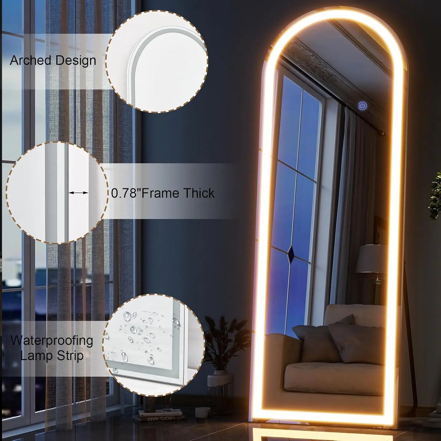 Arched LED Full Length Mirror 64" x 21" Full Body Mirror with Stand Wall Mounted Hanging Mirror with Lights Free