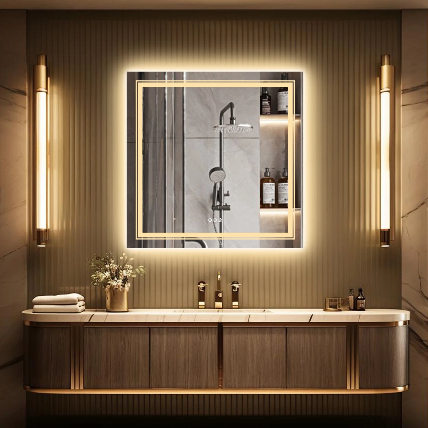 Wisfor 32 x 32 in LED Bathroom Mirror with Lights, Adjustable 3 Color Lights, LED Vanity Mirror, Wall Mounted Anti-Fog Dimmable