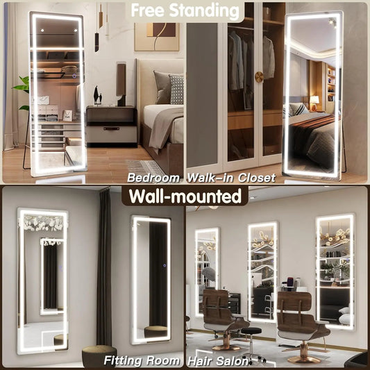 Length Mirror with Lights, 57" x 17" LED Full Body Mirror, Free Standing Lighted Floor Mirror, Wall Mounted Hanging