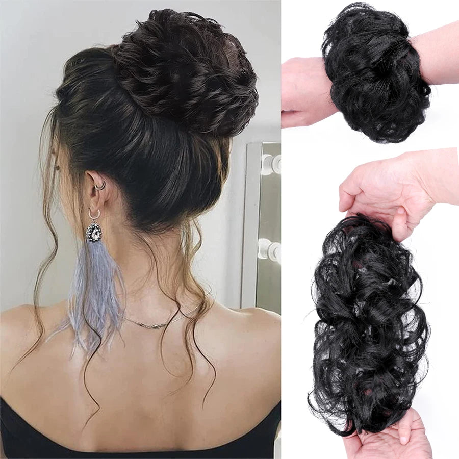 AliLeader Synthetic Chignon Hair Extension Curly Hair Bun Short Messy Hair Band Donuts Elastic Drawstring Ponytail Women