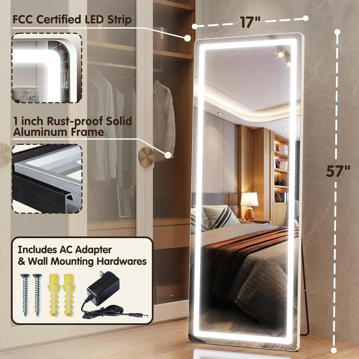 Lights, 57" x 17" LED Full Body Mirror, Free Standing Lighted Floor Mirror, Wall Mounted Hanging Mirror with Lights for Bedroom,