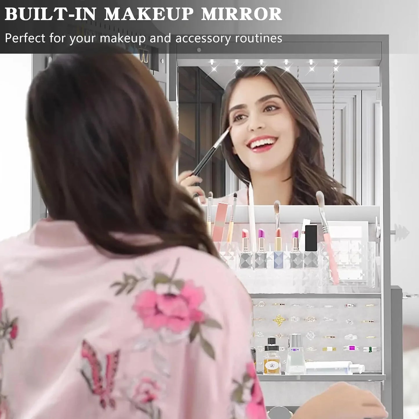 360° Rotating LED Jewelry Armoire, Full Length Mirror Large Capacity Jewelry Organizer Armoire, Lockable Floor Standing Mirror