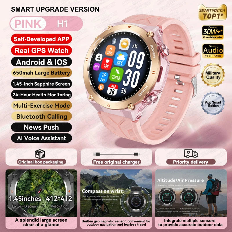 2024 New Outdoor Military GPS Smart Watch Men AMOLED HD Screen Heart Rate Blood Pressure Bluetooth Call Waterproof Smartwatches