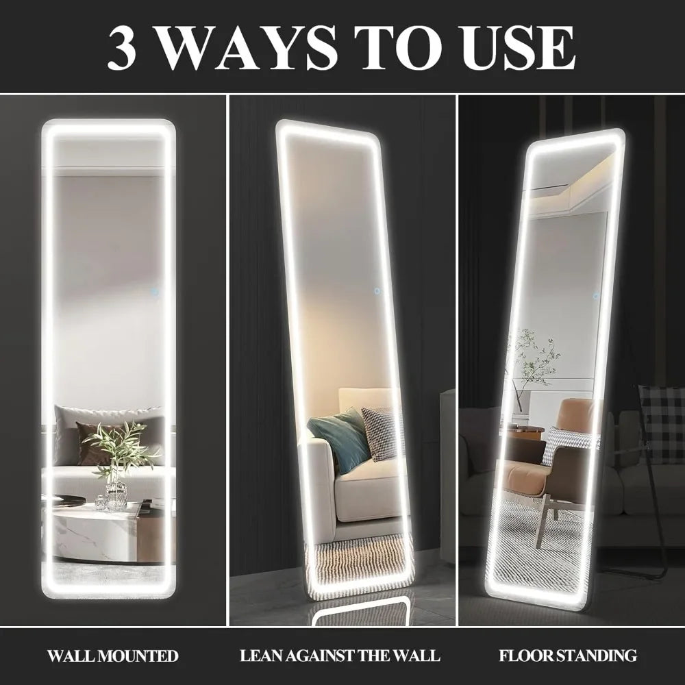 63"x16" Full Body Mirror LED, Dimming & 3 Color Lighting, Wall Mounted Lighted Mirror Touch Control, Full Length Mirror