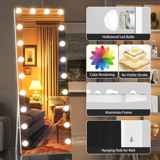 65" X 22" Full Body Mirrors with Bulbs, 3 Colors Temperature, Wall Mounted, Led Standing Mirror, Full Length Mirror with Lights