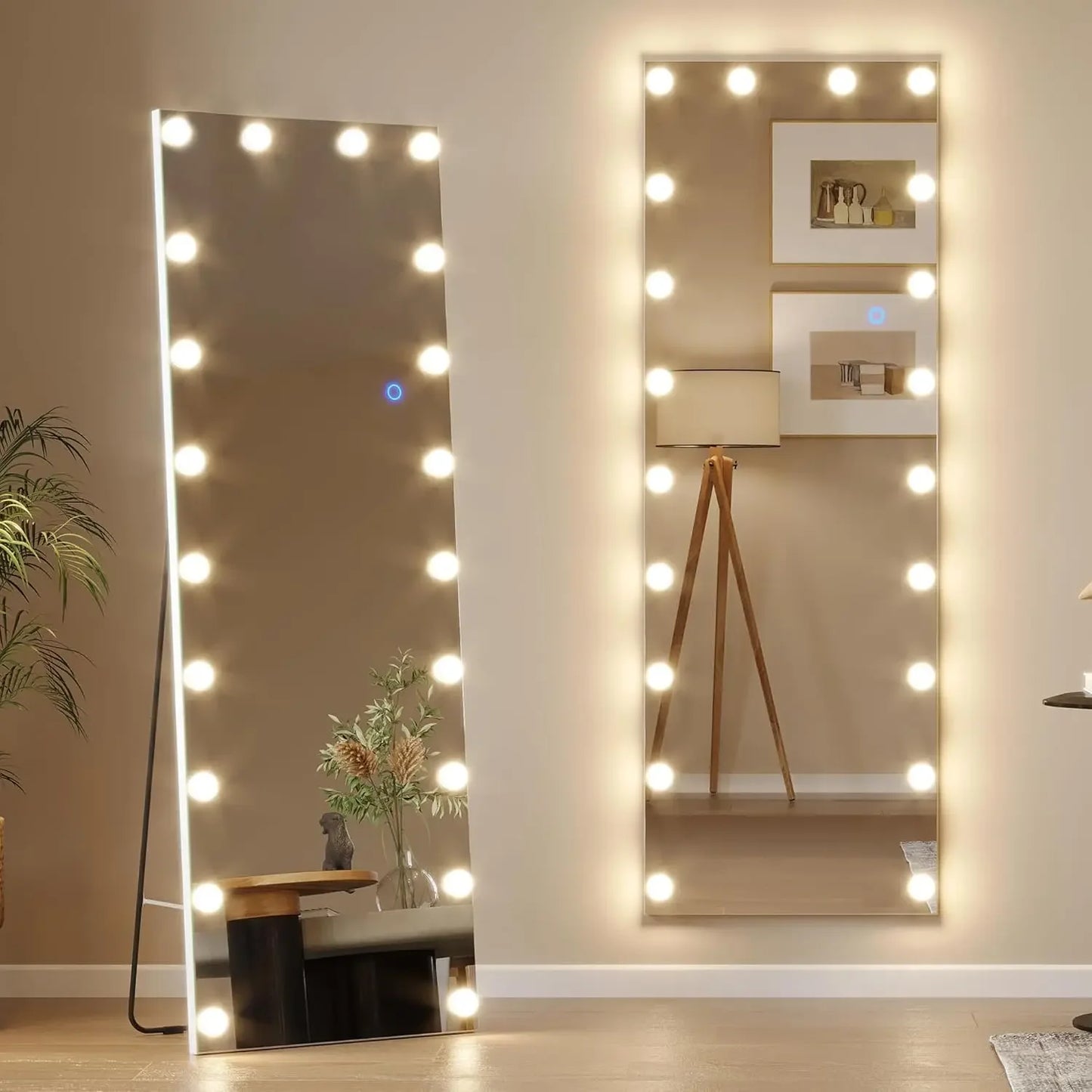 61" X 20" Full Length Mirror with Lights Bulbs Free Standing，LED Wall Mirror，Dimming & 3 Color Lighting，Total Body Mirror