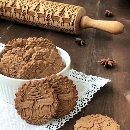 Merry Christmas Elk Wooden Print Rolling Pin Christmas Home Decorations Navidad Decor Noel Dessert Tools New Year 2020 DIY Craft