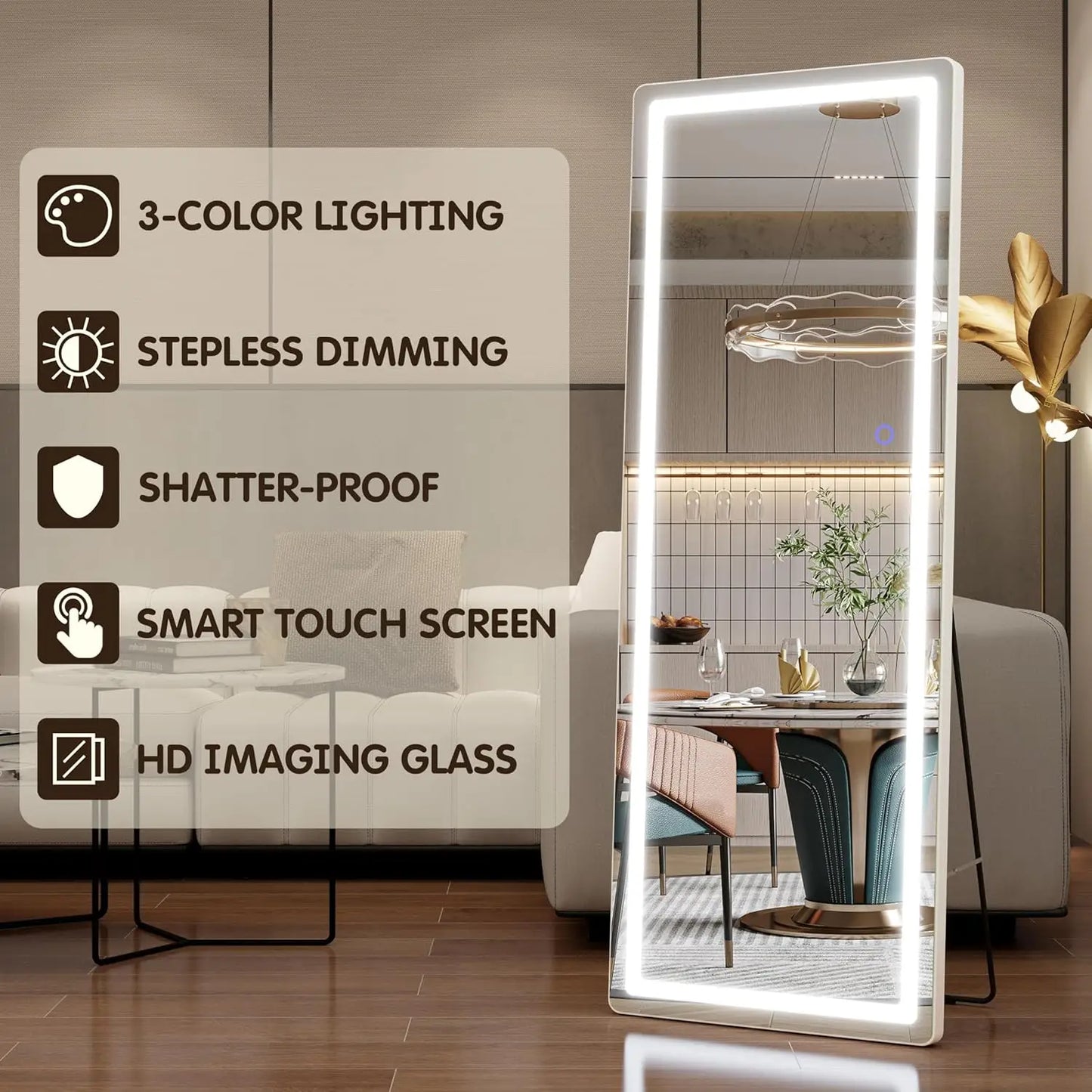 Lights, 57" x 17" LED Full Body Mirror, Free Standing Lighted Floor Mirror, Wall Mounted Hanging Mirror with Lights for Bedroom,