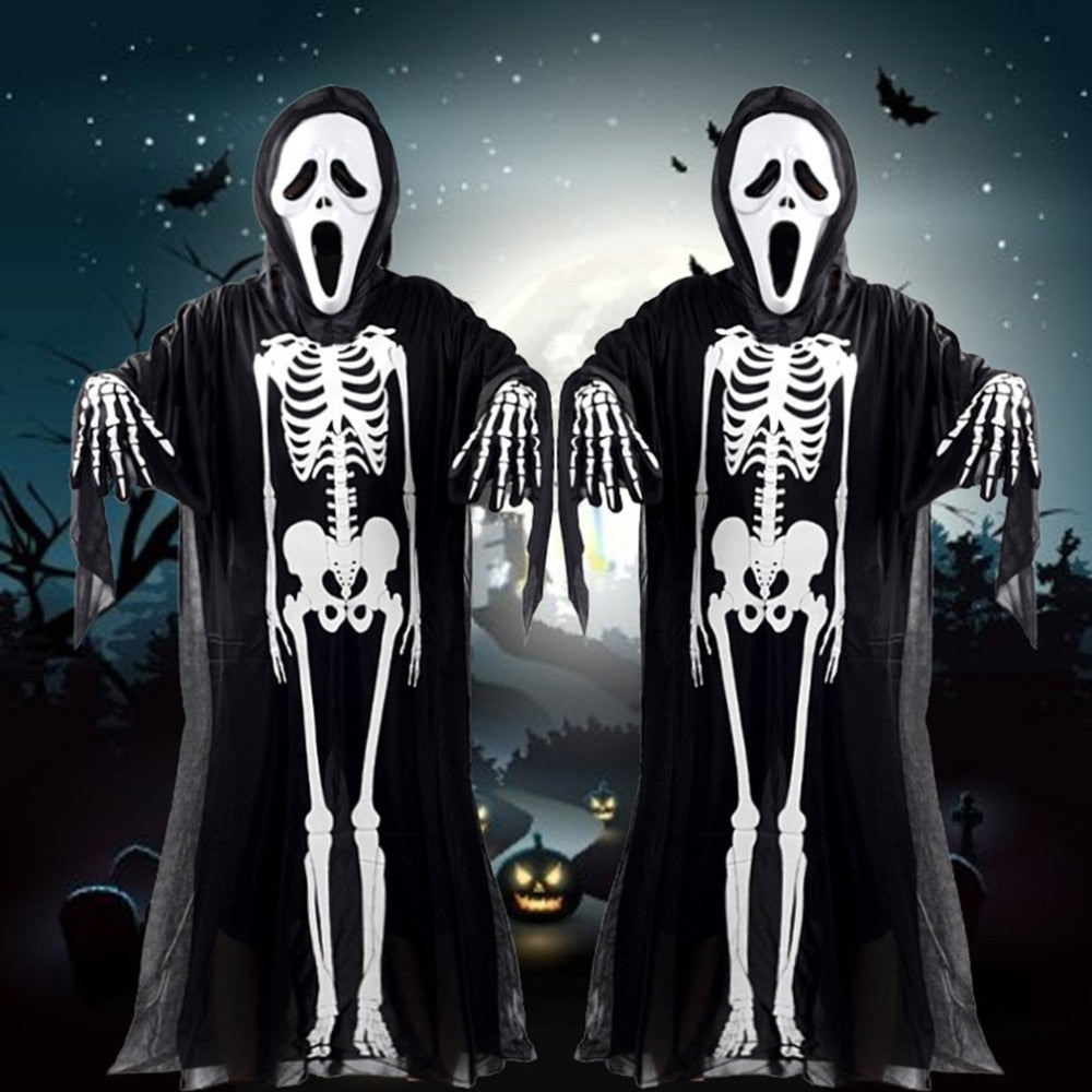 Skull Skeleton Ghost Cosplay Costume Adults Kids Halloween Carnival Masquerade Fancy Dress Clothes+Skull Devil Mask+Gloves