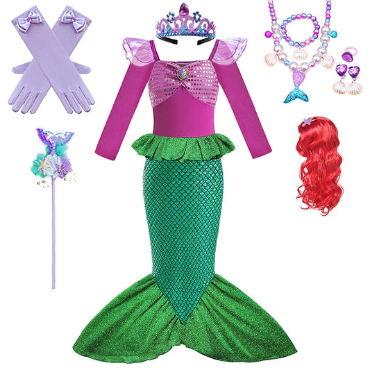 Disney Long Sleeve Little Mermaid Ariel Costume for Girl Princess Dress Carnival Party Dresses for Kids Dress Up Mermaid Clothes