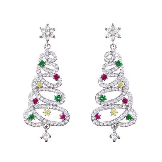 European and American colored gemstone Christmas tree earrings, hollowed out long tassel earrings, Christmas accessories S925 si