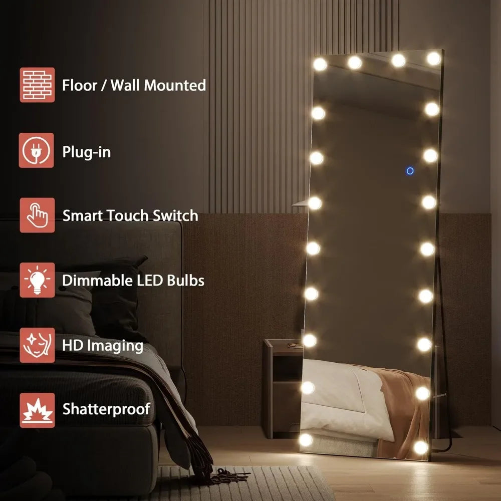 61" X 20" Full Length Mirror with Lights Bulbs Free Standing，LED Wall Mirror，Dimming & 3 Color Lighting，Total Body Mirror