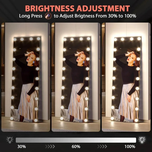 61" X 20" Full Length Mirror with Lights Bulbs Free Standing，LED Wall Mirror，Dimming & 3 Color Lighting，Total Body Mirror