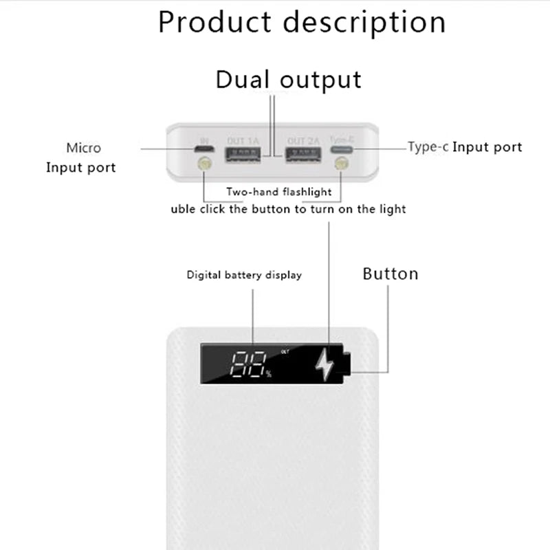 5x18650 Powerbank Portable Pover Power Bank 18650 Solar Power Bank Case DIY Box Dual USB Kit Phone Charger Flashlight