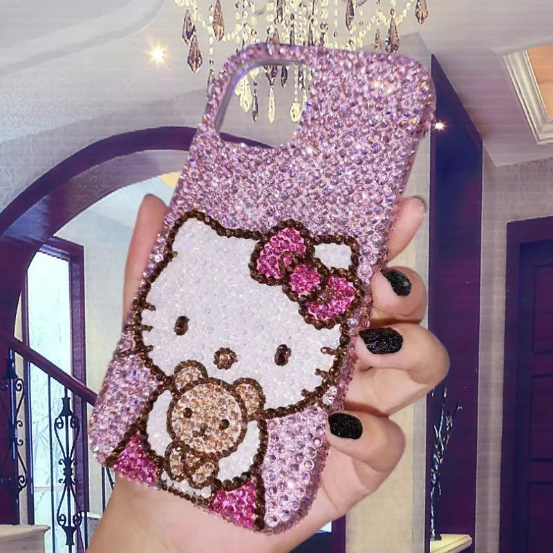 New Sanrios Hello Kitty Iphone 16Promax 15 14 13 Phone Case Kawaii Cartoon Apple Phone Case Rhinestone Girlfriend Festival Gift