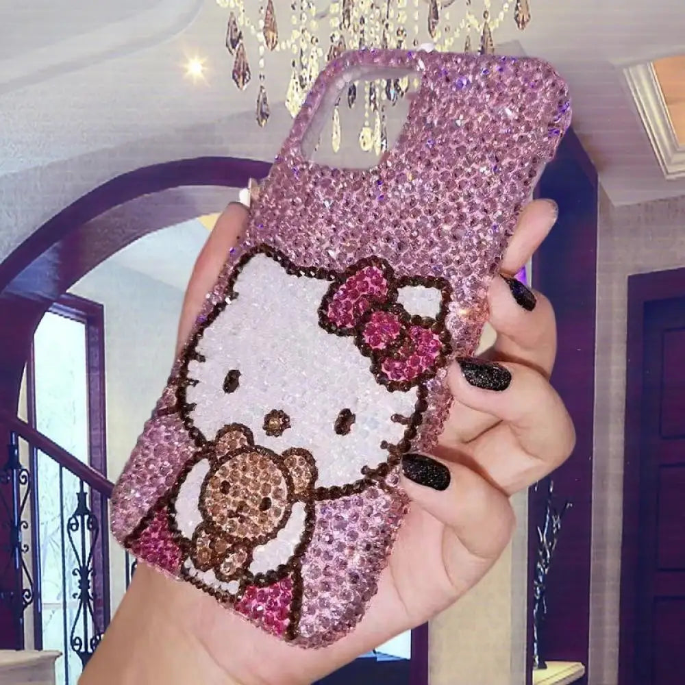 New Sanrios Hello Kitty Iphone 16Promax 15 14 13 Phone Case Kawaii Cartoon Apple Phone Case Rhinestone Girlfriend Festival Gift