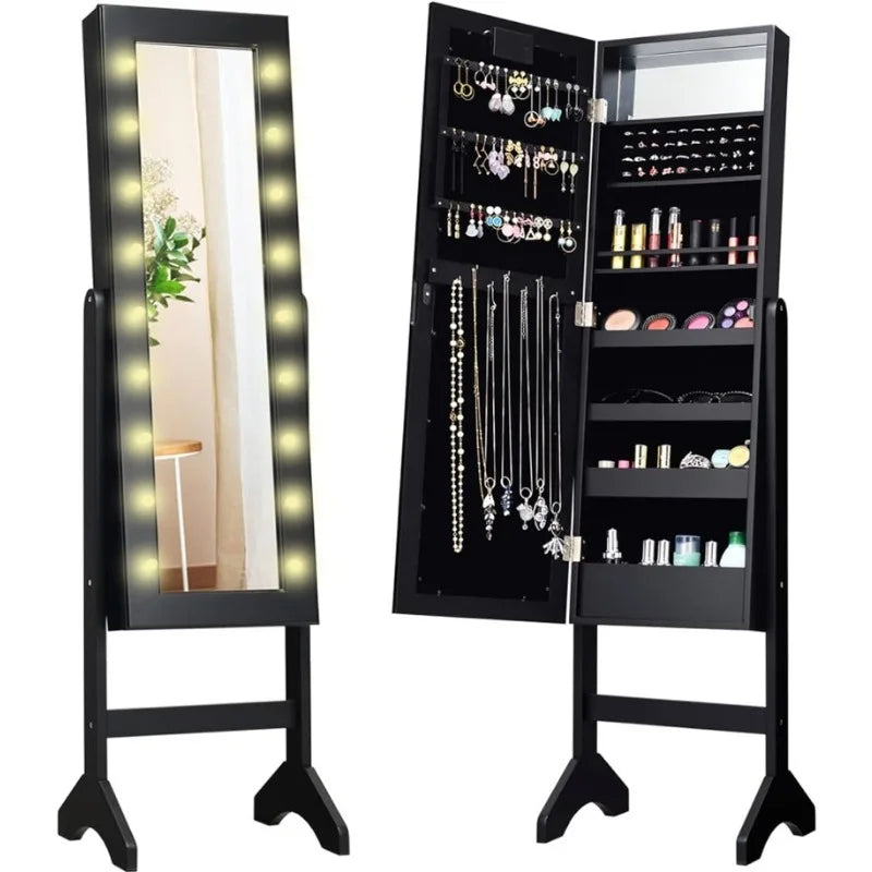 Standing Jewelry Armoire with 18 LED Lights Around The Door, with Full Length Mirror, 16 Lipstick Holders,1 Inside Makeup Mirror