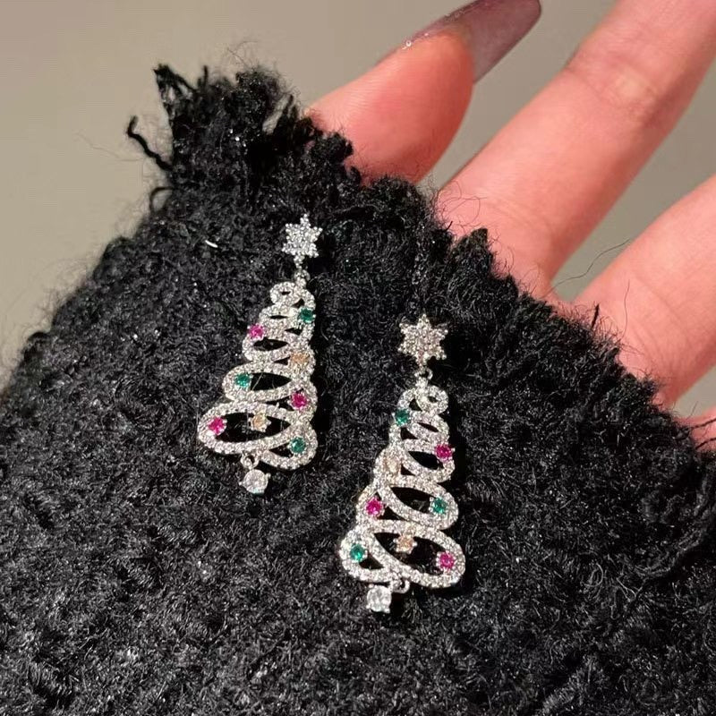 European and American colored gemstone Christmas tree earrings, hollowed out long tassel earrings, Christmas accessories S925 si