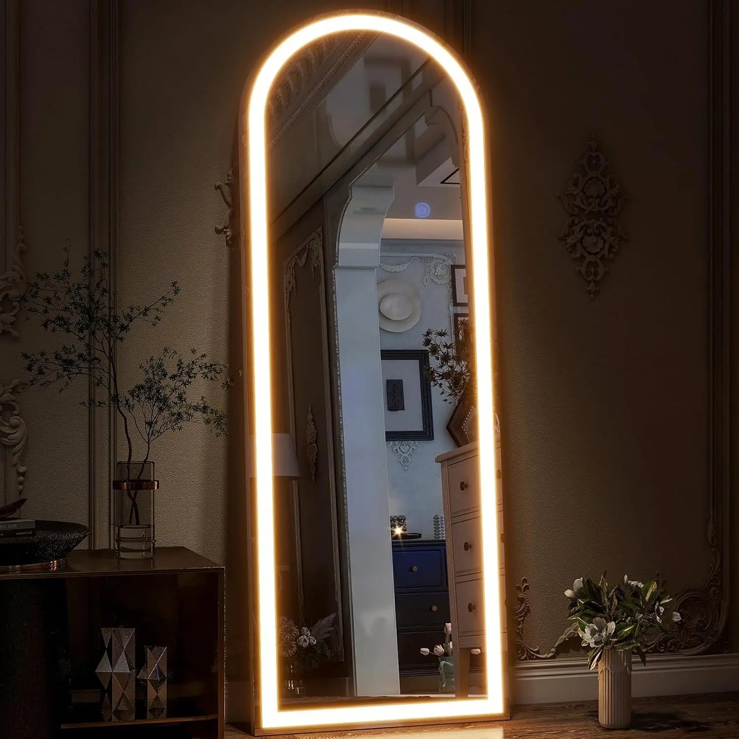 Arched LED Full Length Mirror 64" x 21" Full Body Mirror with Stand Wall Mounted Hanging Mirror with Lights Free