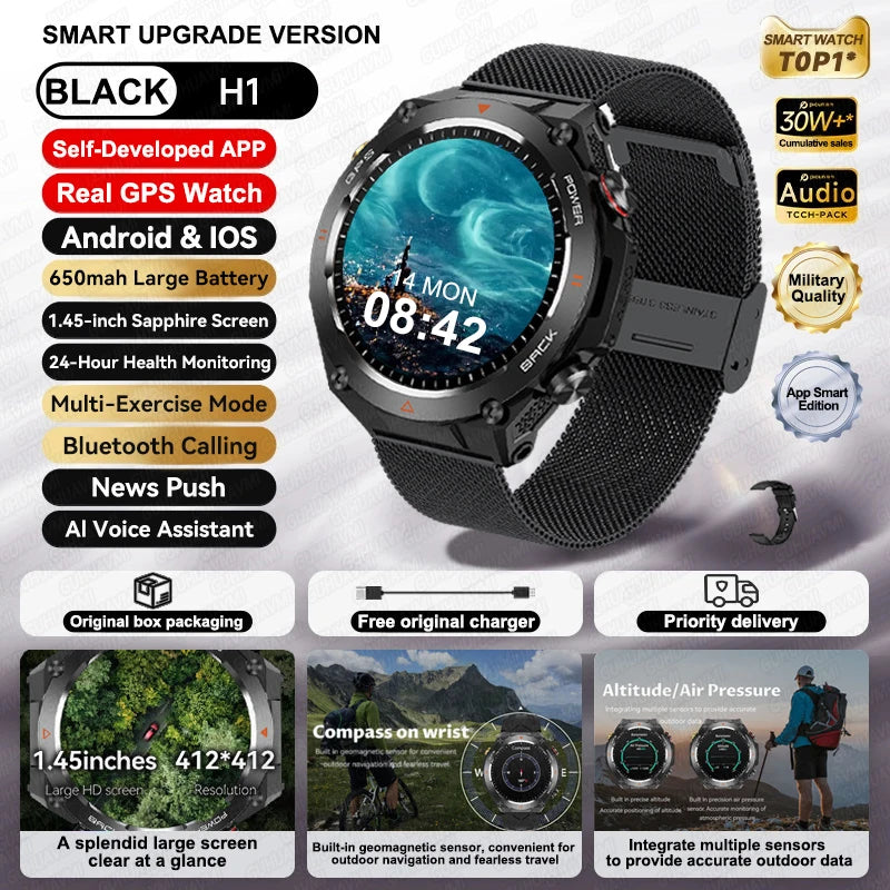 2024 New Outdoor Military GPS Smart Watch Men AMOLED HD Screen Heart Rate Blood Pressure Bluetooth Call Waterproof Smartwatches