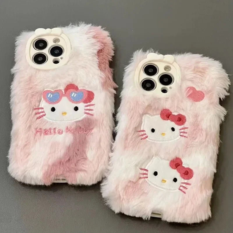 Cute Sanrio Hello Kittys Plush IPhone14 15 13 12Pro Cases Kawaii Cartoon 11promax XR 6 7 8Plus Embroid Protectuve Case Girl Gift