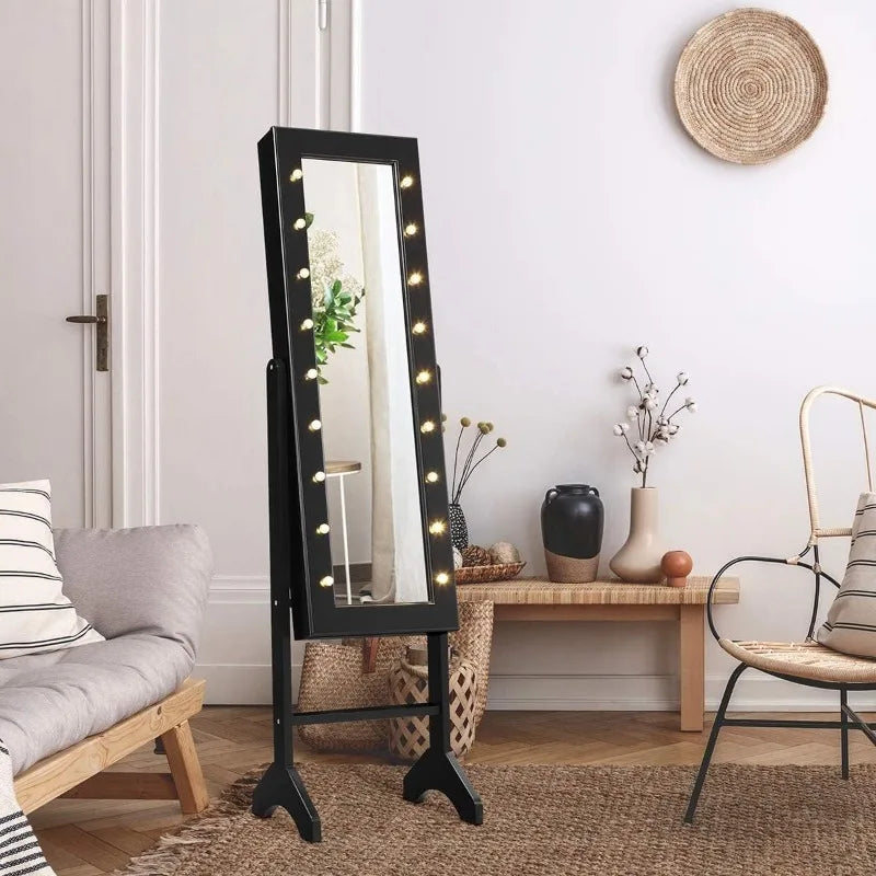 Standing Jewelry Armoire with 18 LED Lights Around The Door, with Full Length Mirror, 16 Lipstick Holders,1 Inside Makeup Mirror