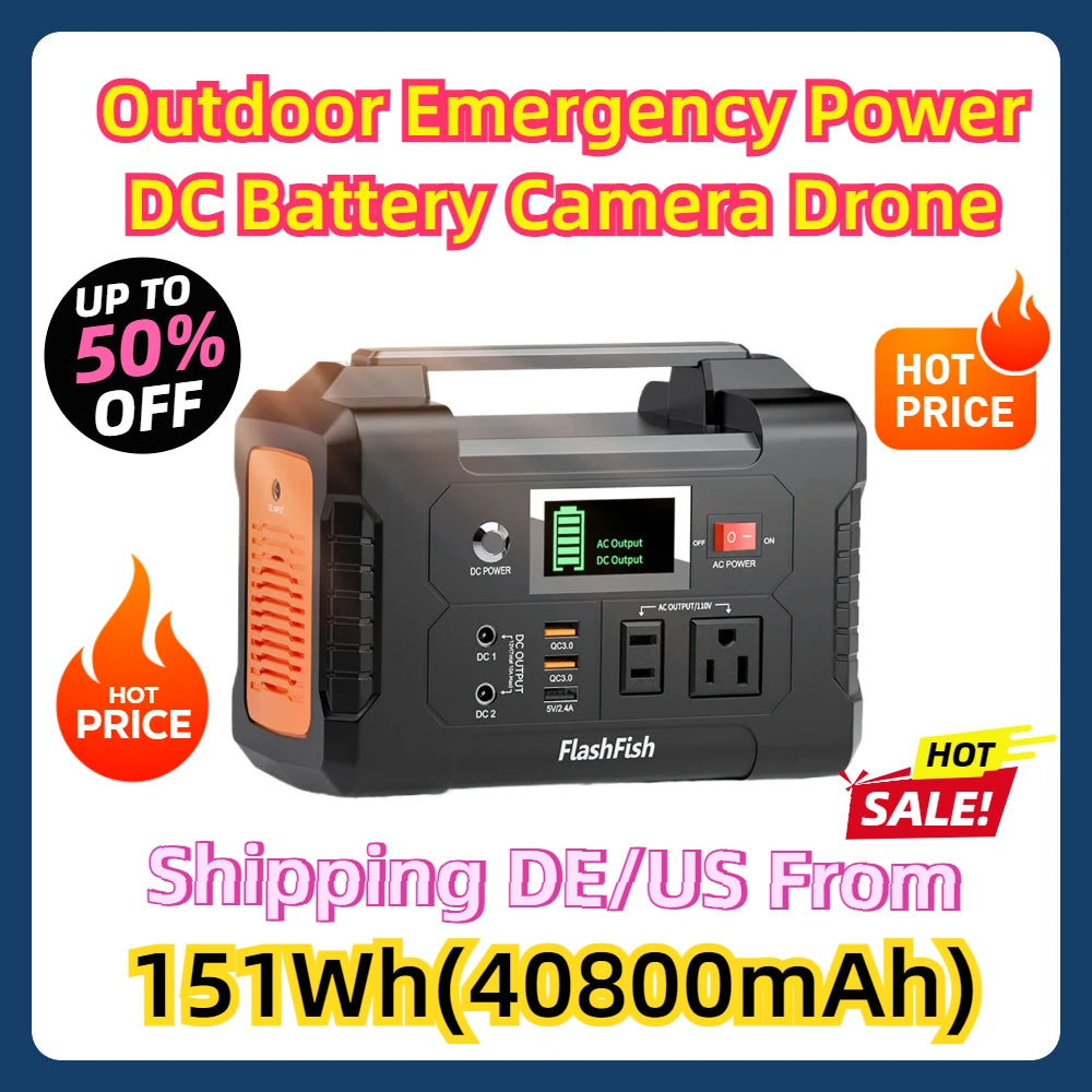 151Wh(40800mAh)  Portable Power Station AC 200W Solar Generator 110V/230V Outdoor Emergency Power Supply DC Battery Camera Drone