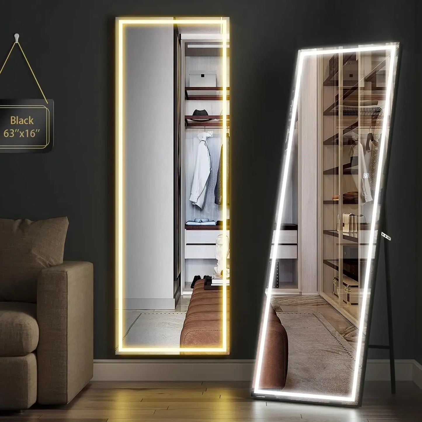 Full Length Mirror with Lights, 63"x16" Full Body Mirror with Light, Free Standing Lighted Floor Mirror, Wall Mounted LED Mirror